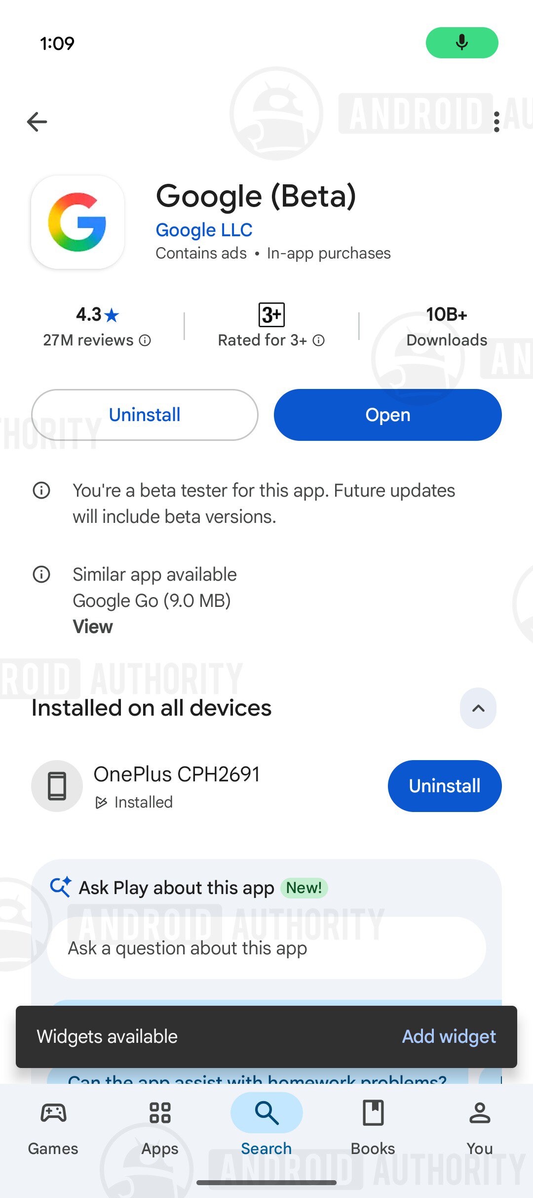 Play Store widget message watermarked