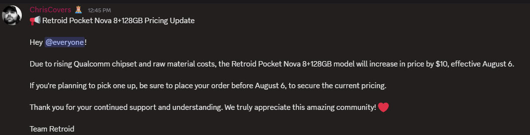 Retroid Pocket Nova price hike