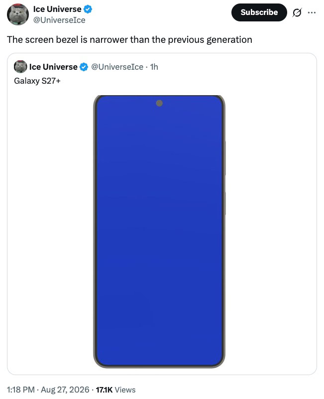 Samsung Galaxy S27 Plus Front render leak from Ice Universe Samsung Galaxy S27 Plus Front render leak from Ice Universe