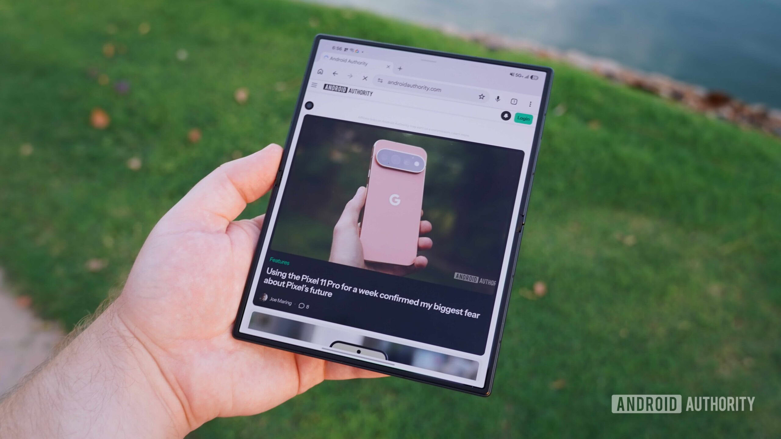 Samsung Galaxy Z Fold 8 4 The Galaxy Z Fold 8 in portrait mode showing the Android Authority homepage.