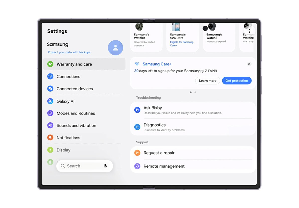 Samsung One UI 9 warranty management settings page