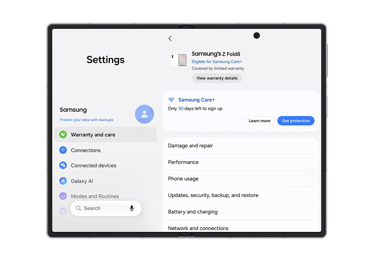 Samsung One UI 9 warranty management settings page