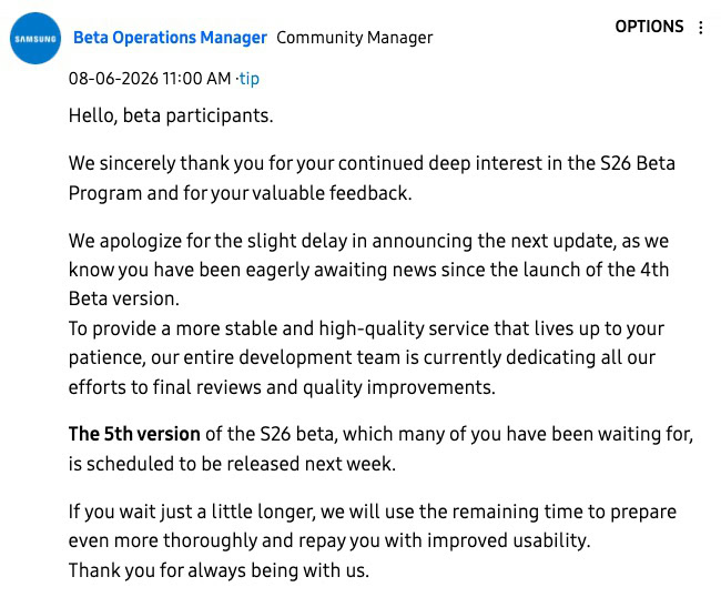 Samsung confirms delay in One UI 9 Beta 5 for Galaxy S26 series Samsung confirms delay in One UI 9 Beta 5 for Galaxy S26 series