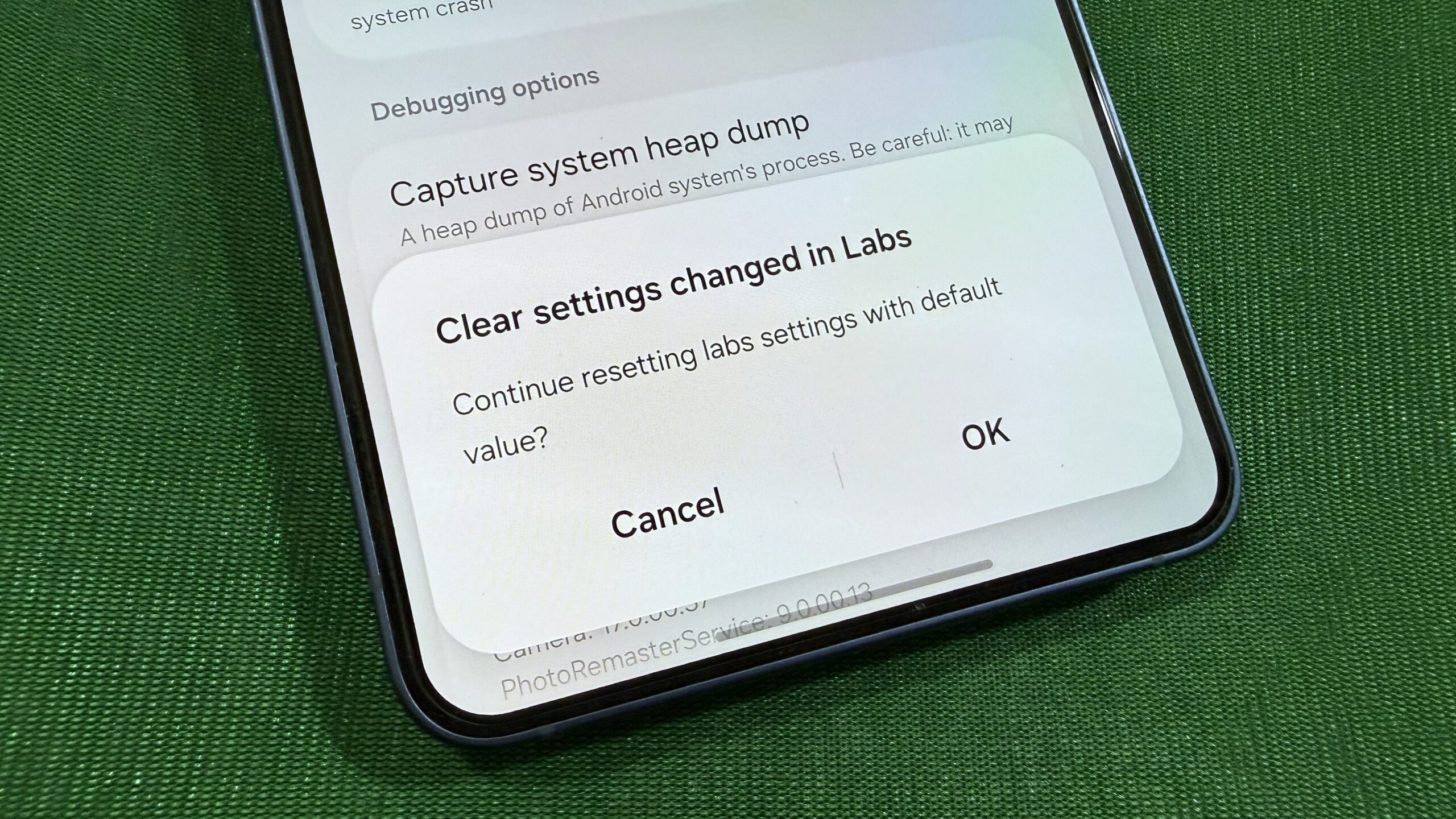 Samsung phone showing reset labs option
