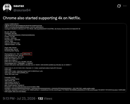 Saurax's X post about 4K Netflix on Google Chrome