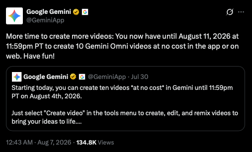 Gemini app post for Gemini Omni free access