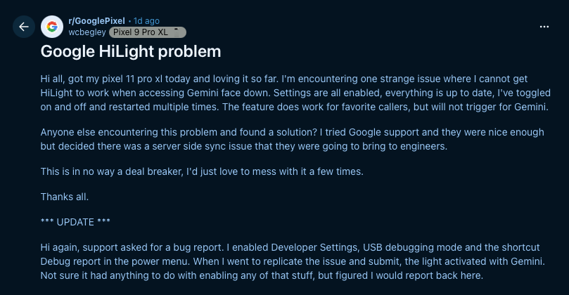 HiLight for Gemini not working for Google Pixel 11 Pro XL user on Reddit