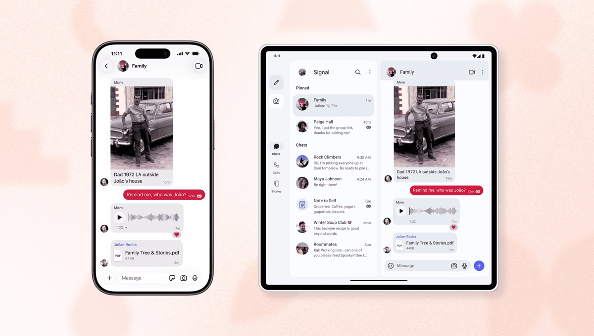 Side-by-side screenshots of the same Signal group chat being displayed on a phone and a larger device.