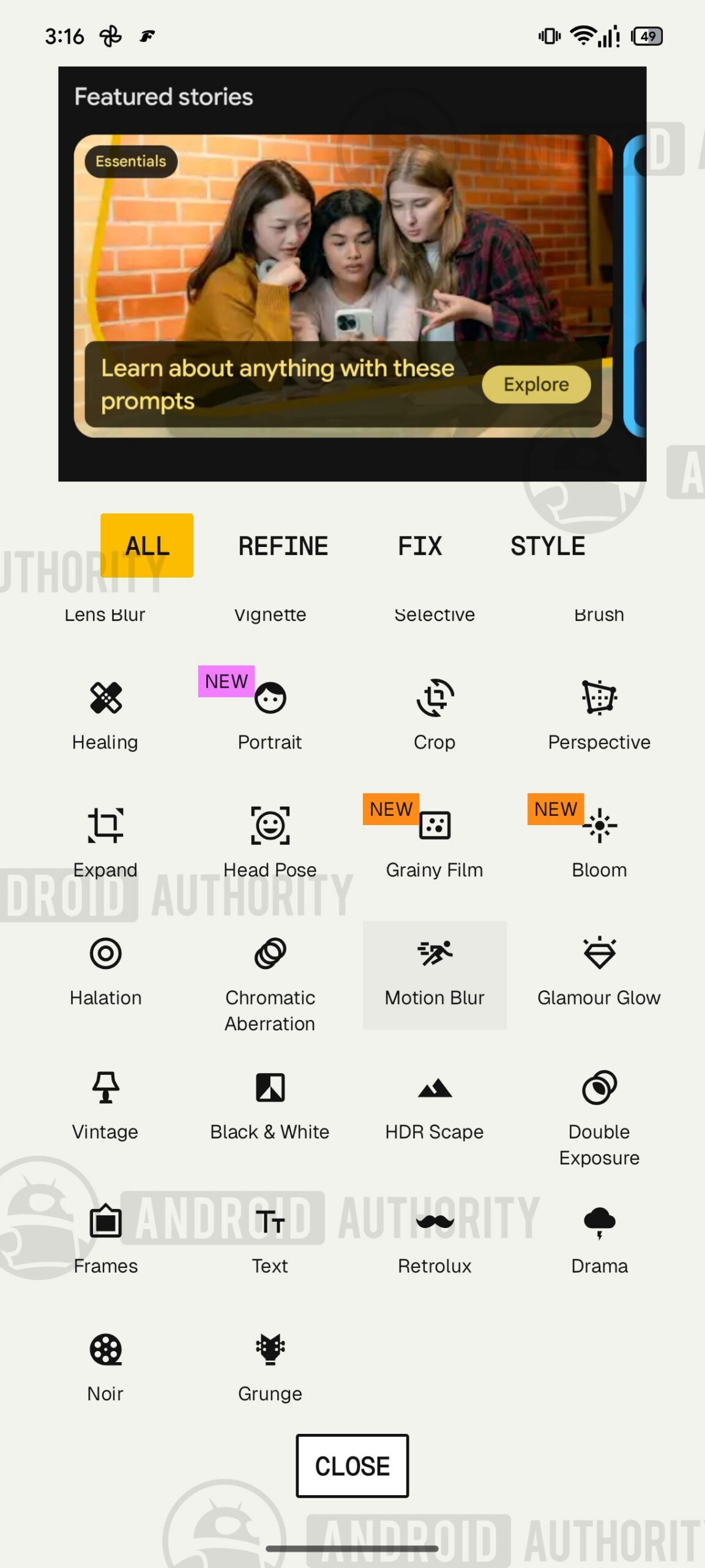 Snapseed for Android Upcoming Motion Blur tool support 3 watermarked