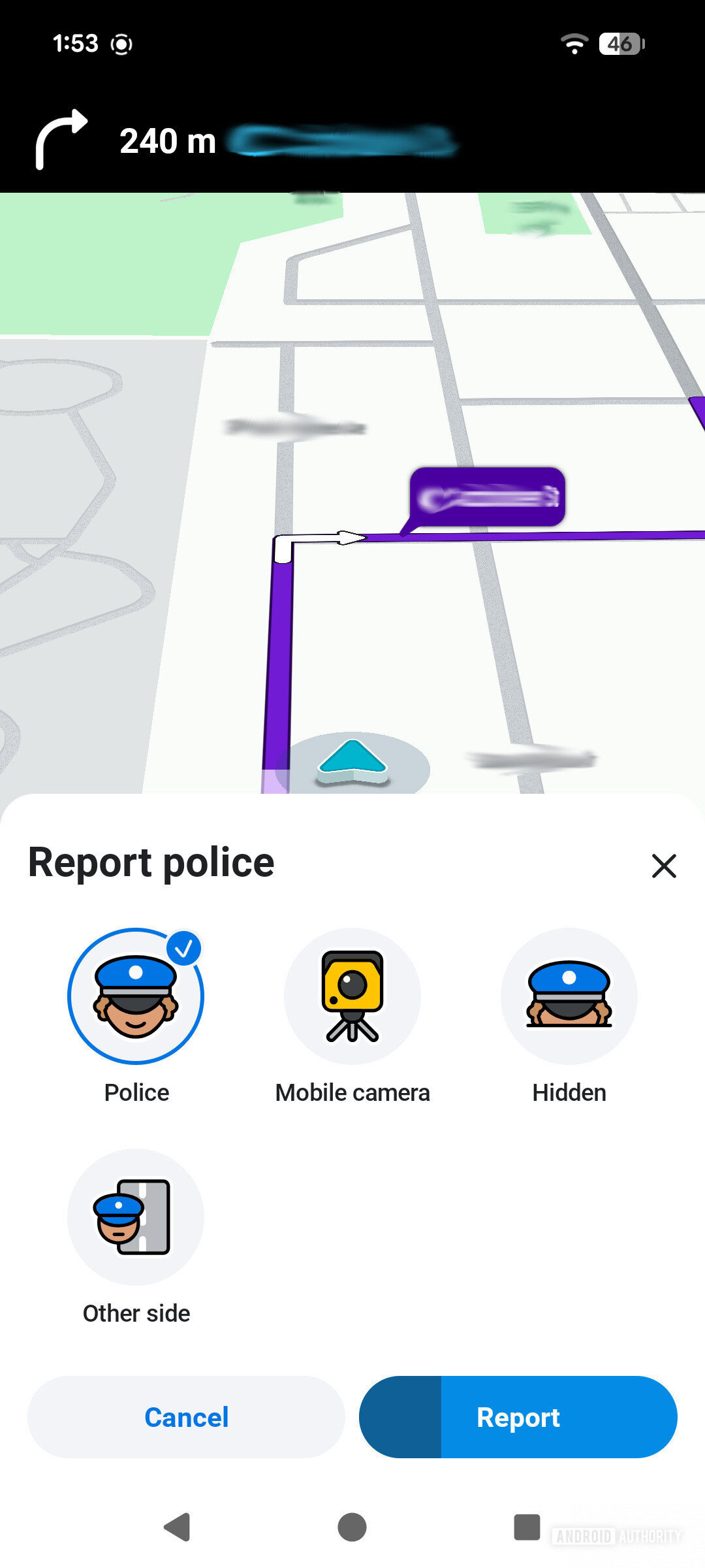 A screenshot highlighting a Waze police report being made.
