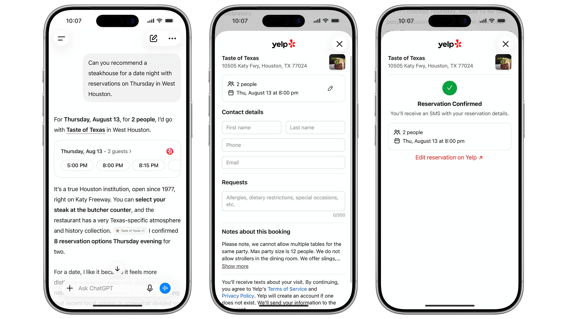 Yelp ChatGPT reservations