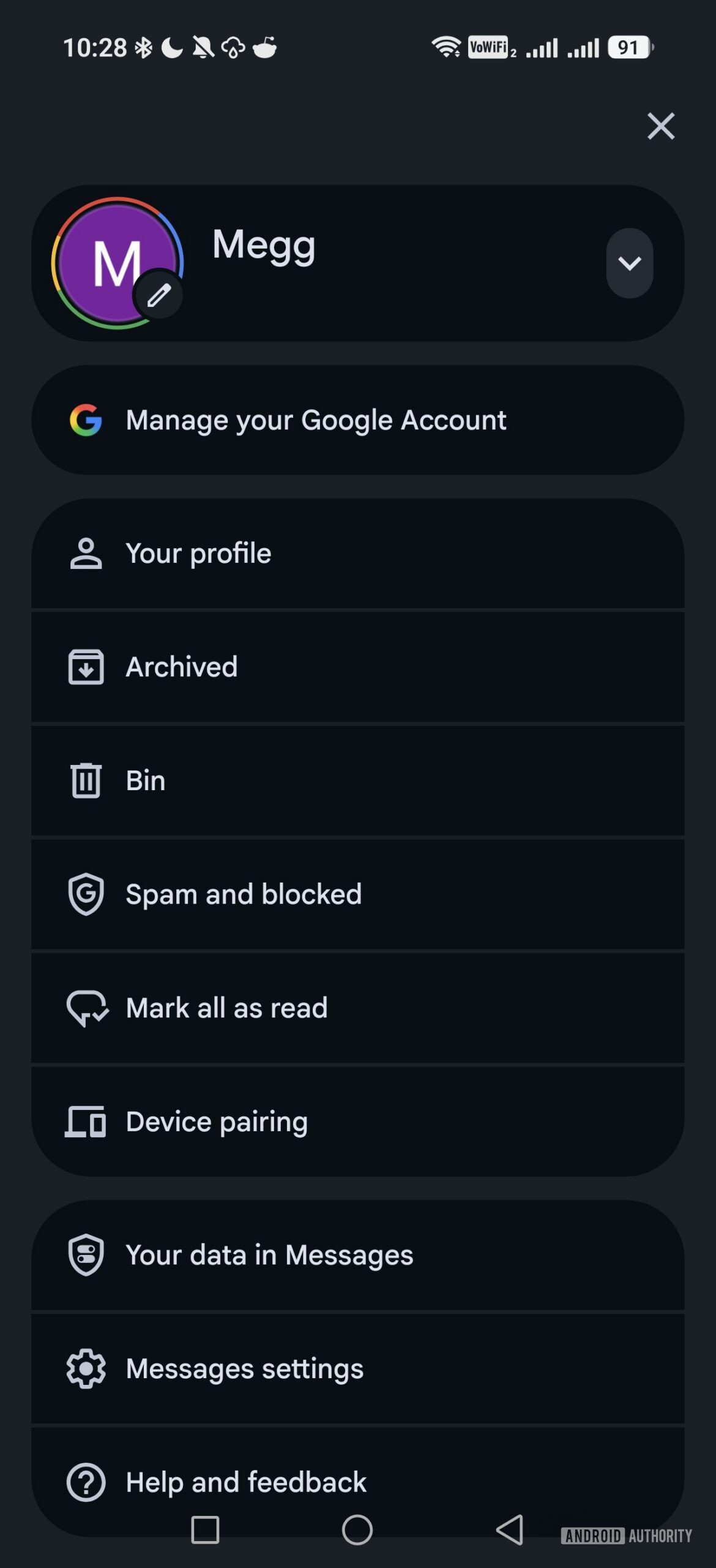 account menu in google messages