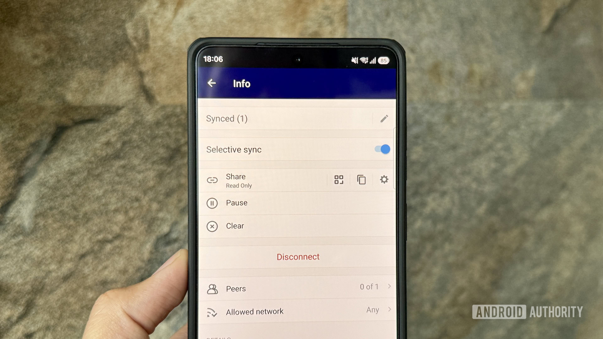 Status of a synced folder on the Resilio Sync Android app.