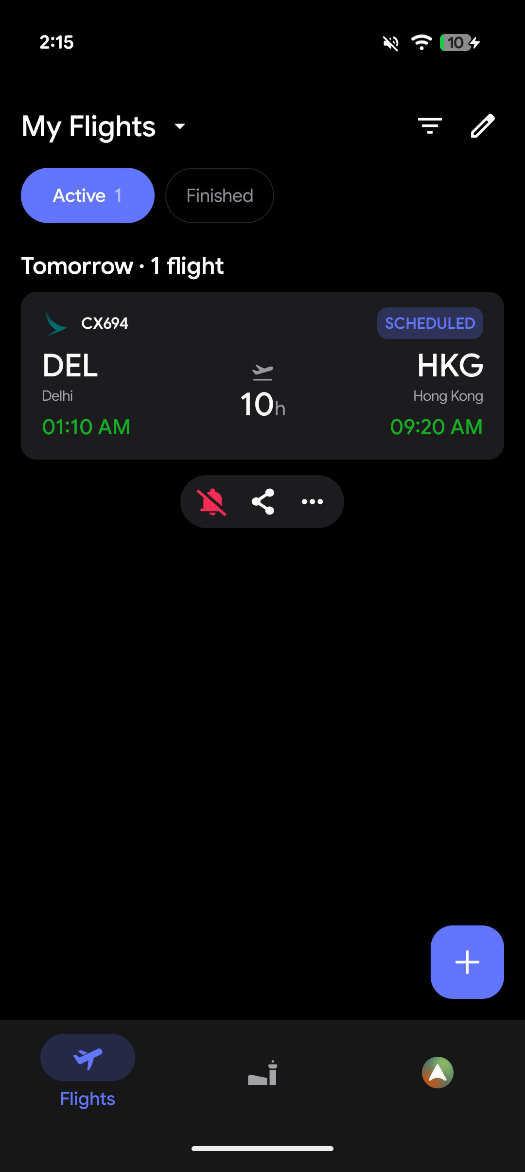My Flights screen showing scheduled Delhi to Hong Kong flight tomorrow