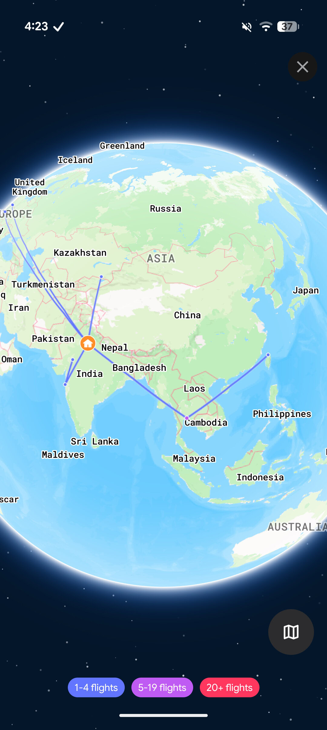 Full-screen flight map showing routes across Asia and Europe