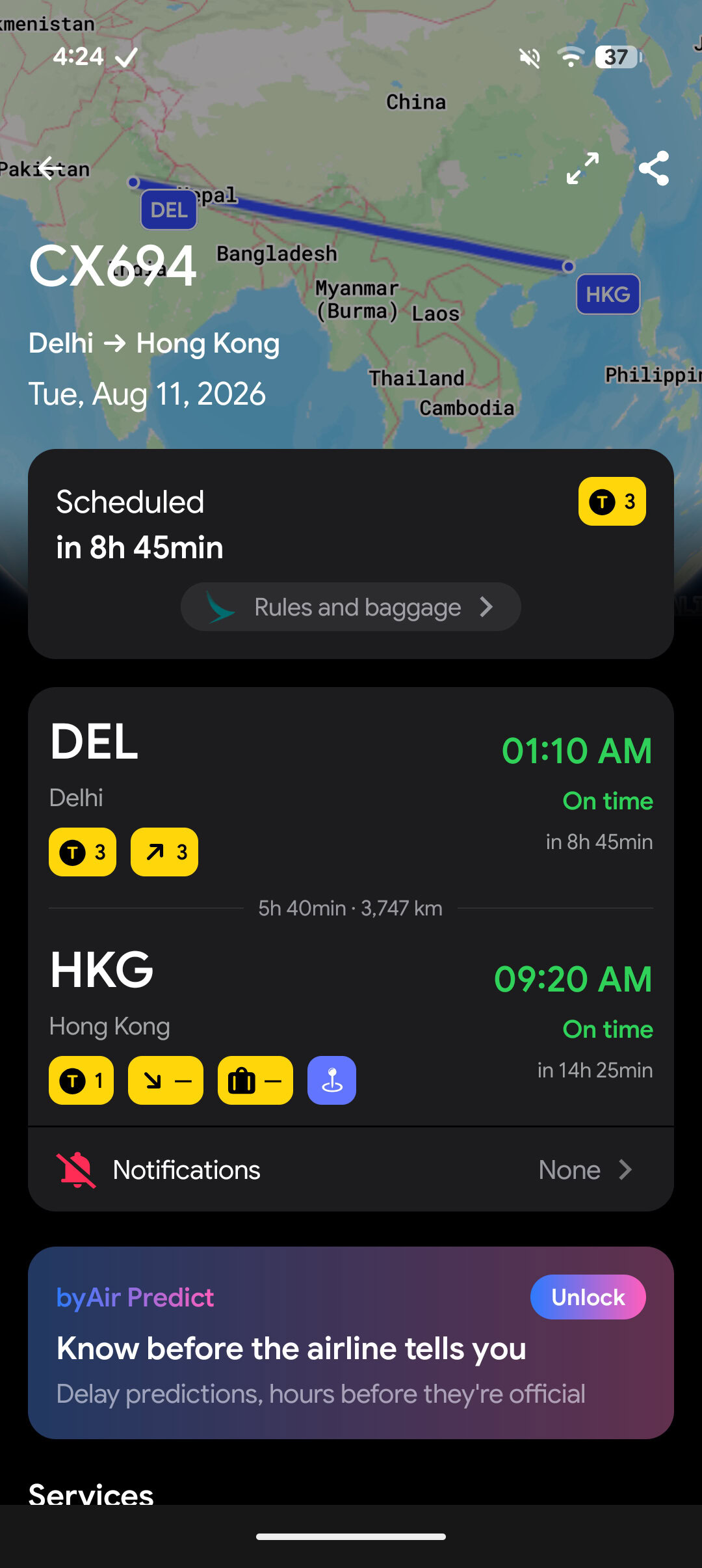 My Flights screen listing active Delhi to Hong Kong flight details