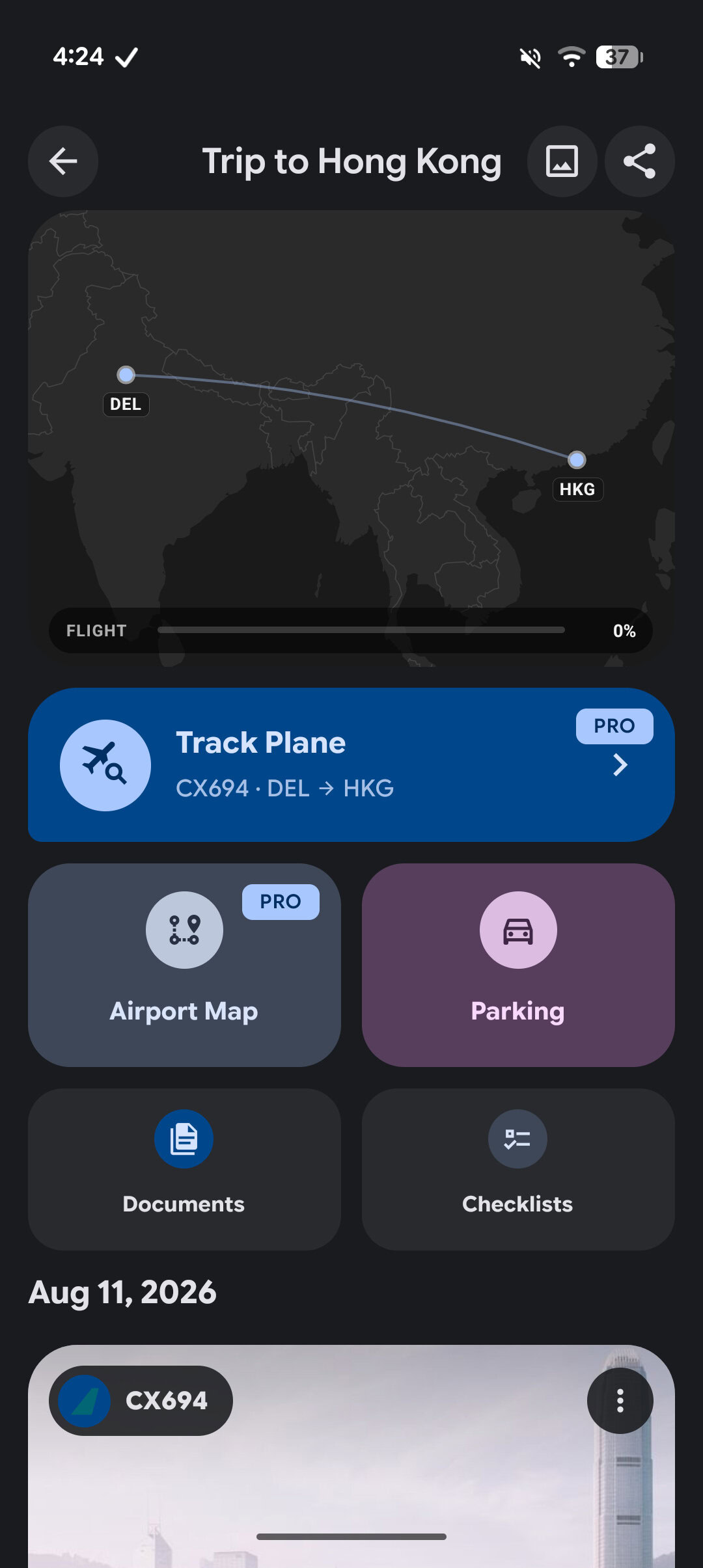 Trip to Hong Kong screen with map, tracking, and document shortcuts