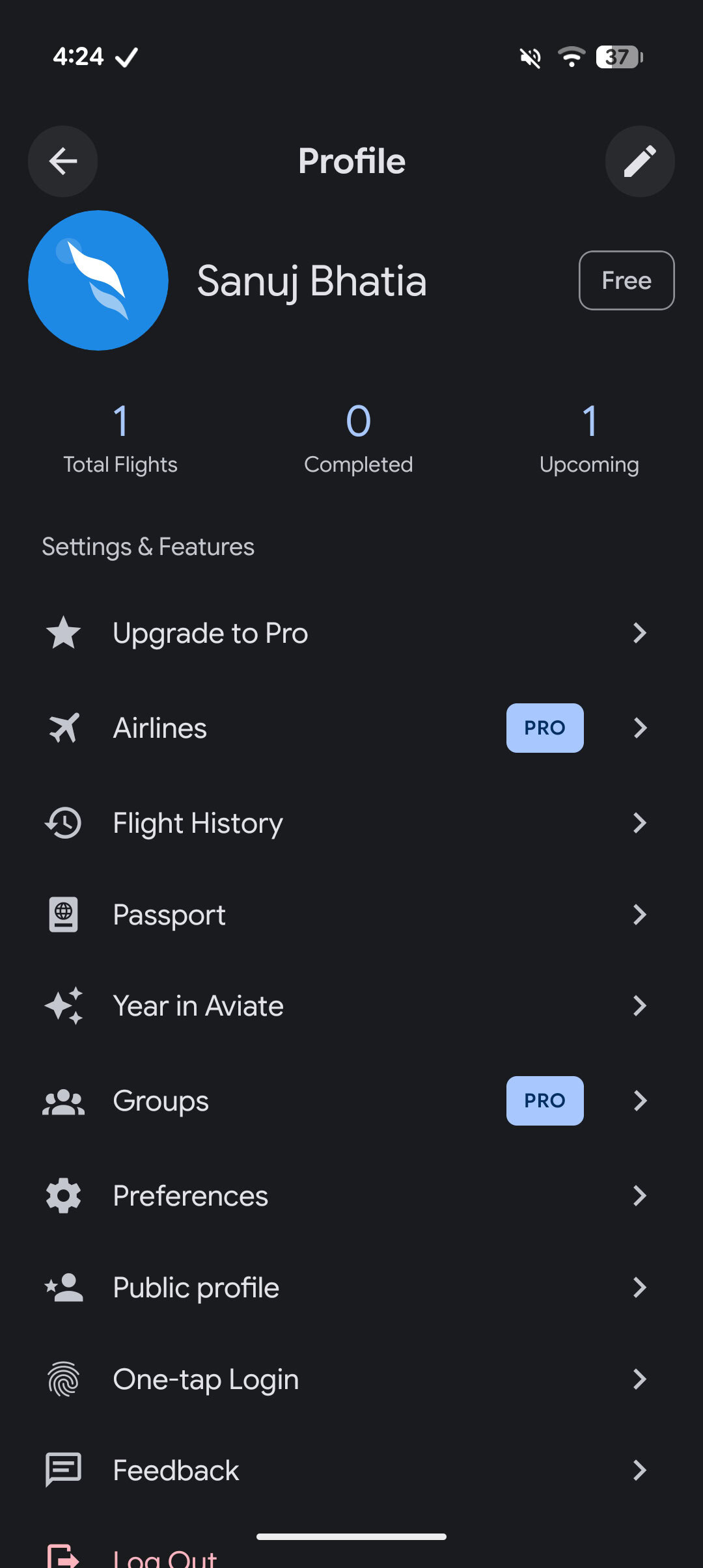 User profile screen showing flight stats and settings menu