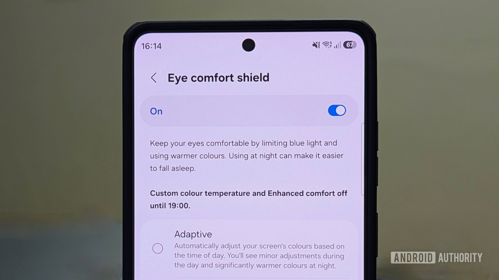 Eye Comfort Shield settings screen on a Galaxy phone.