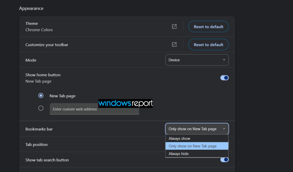 chrome bookmarks bar visibility settings