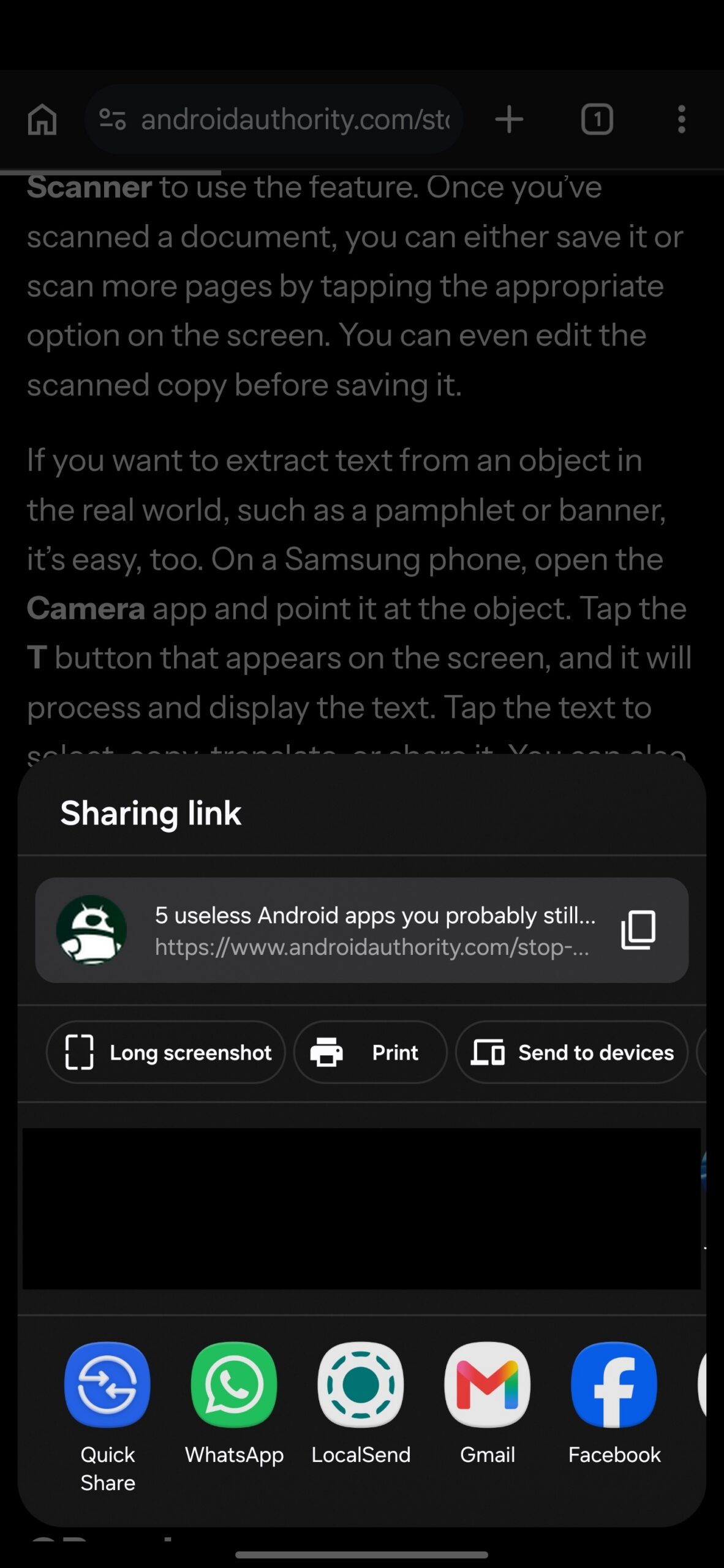 Selecting the Long Screenshot option in Chrome's Sharing link menu.