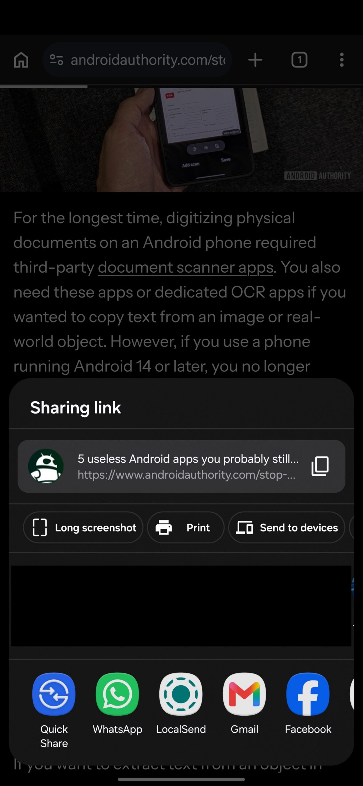 Selecting the Print option in Chrome's Sharing link menu.