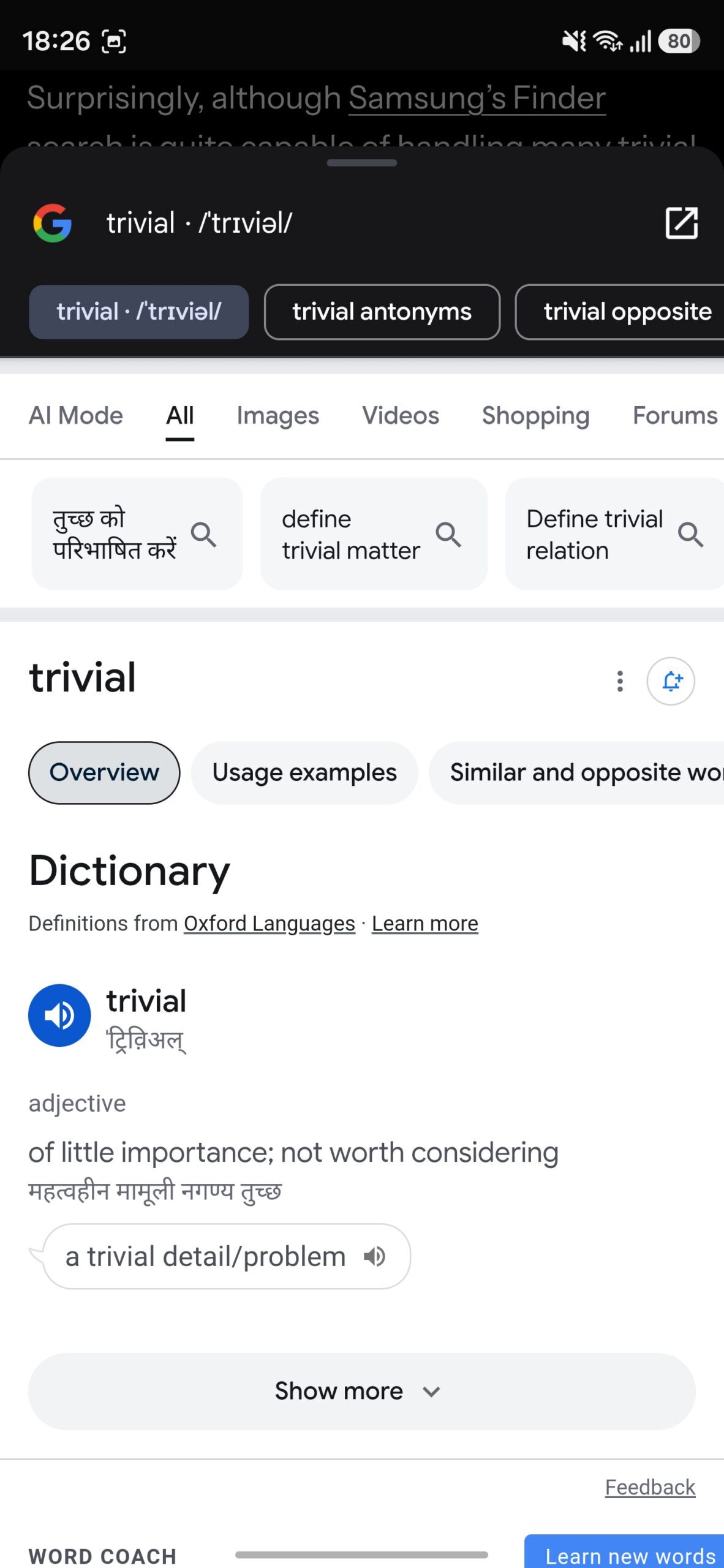 Expanding the definition window in Chrome.