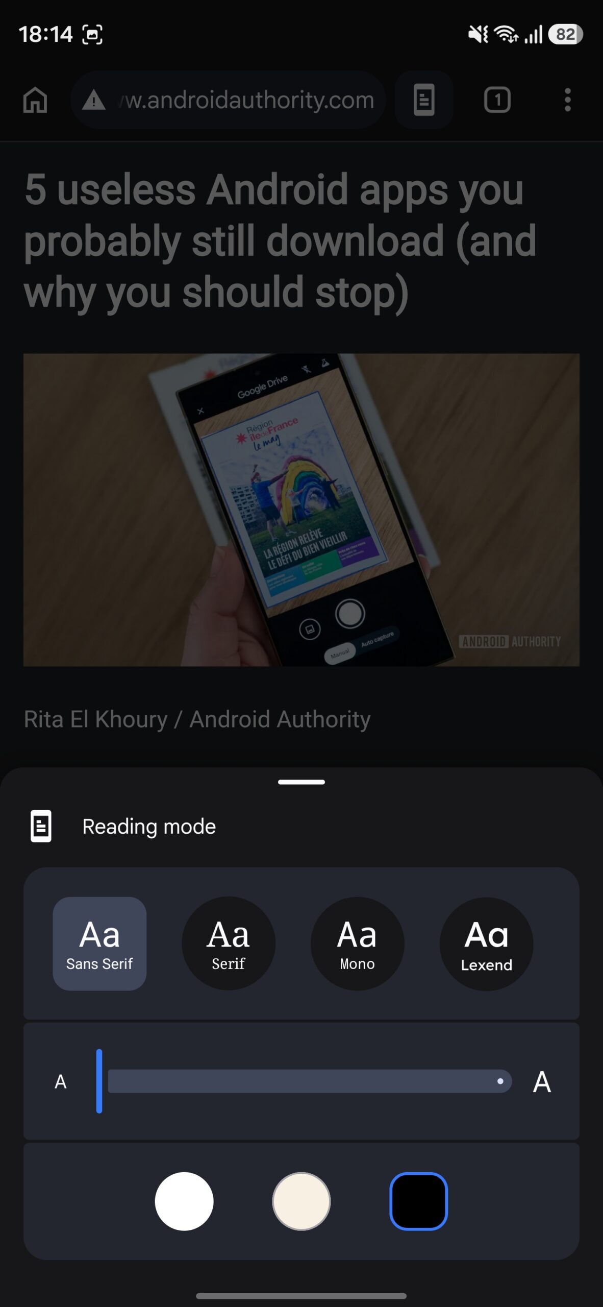 Reading mode customization window.