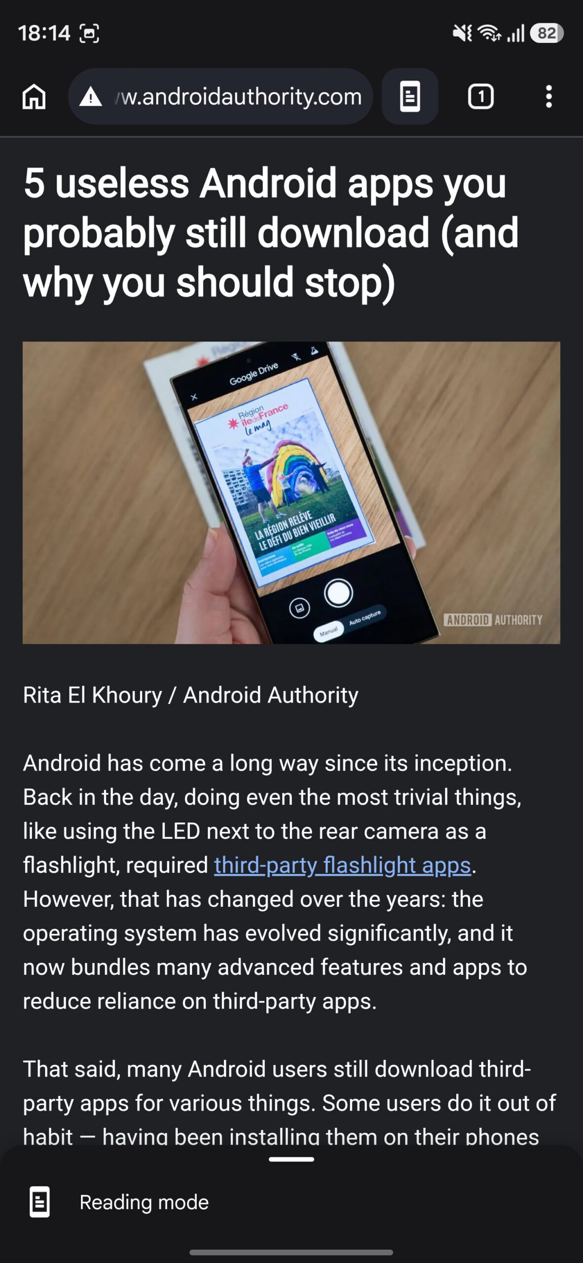Minimized Reading mode window in Chrome for Android.
