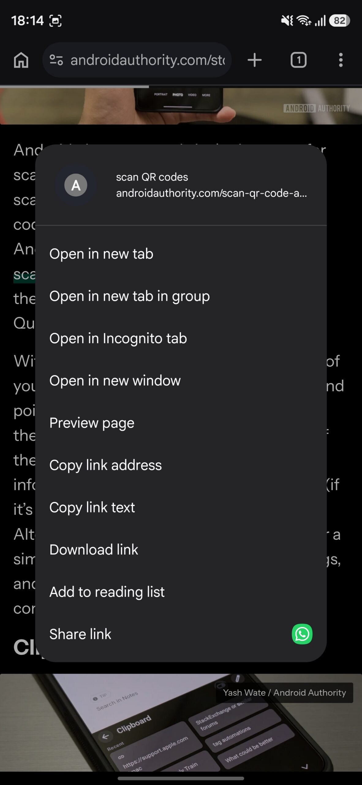 Chrome's context menu upon long-tapping a link.