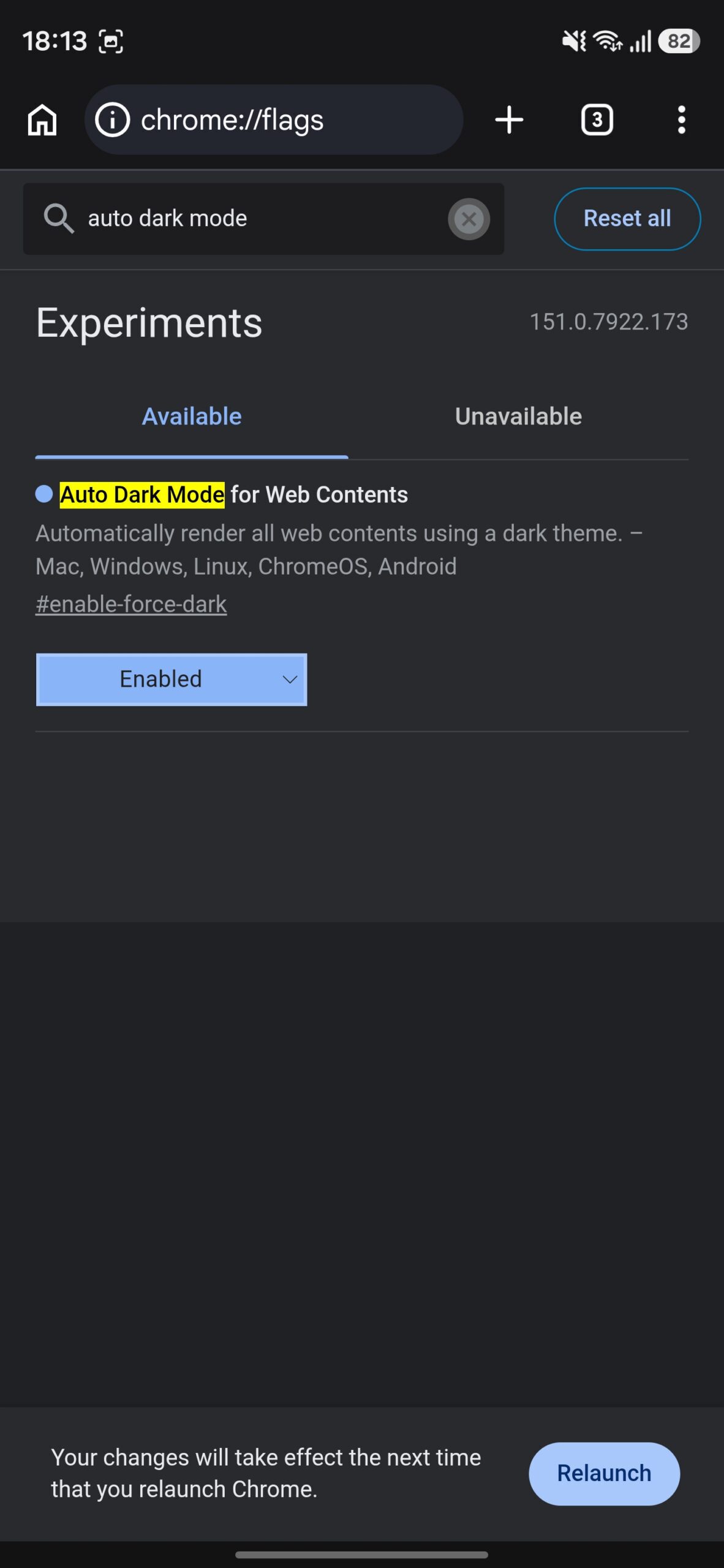 Auto Dark Mode for Web Contents flag enabled and Chrome prompting for relaunch.