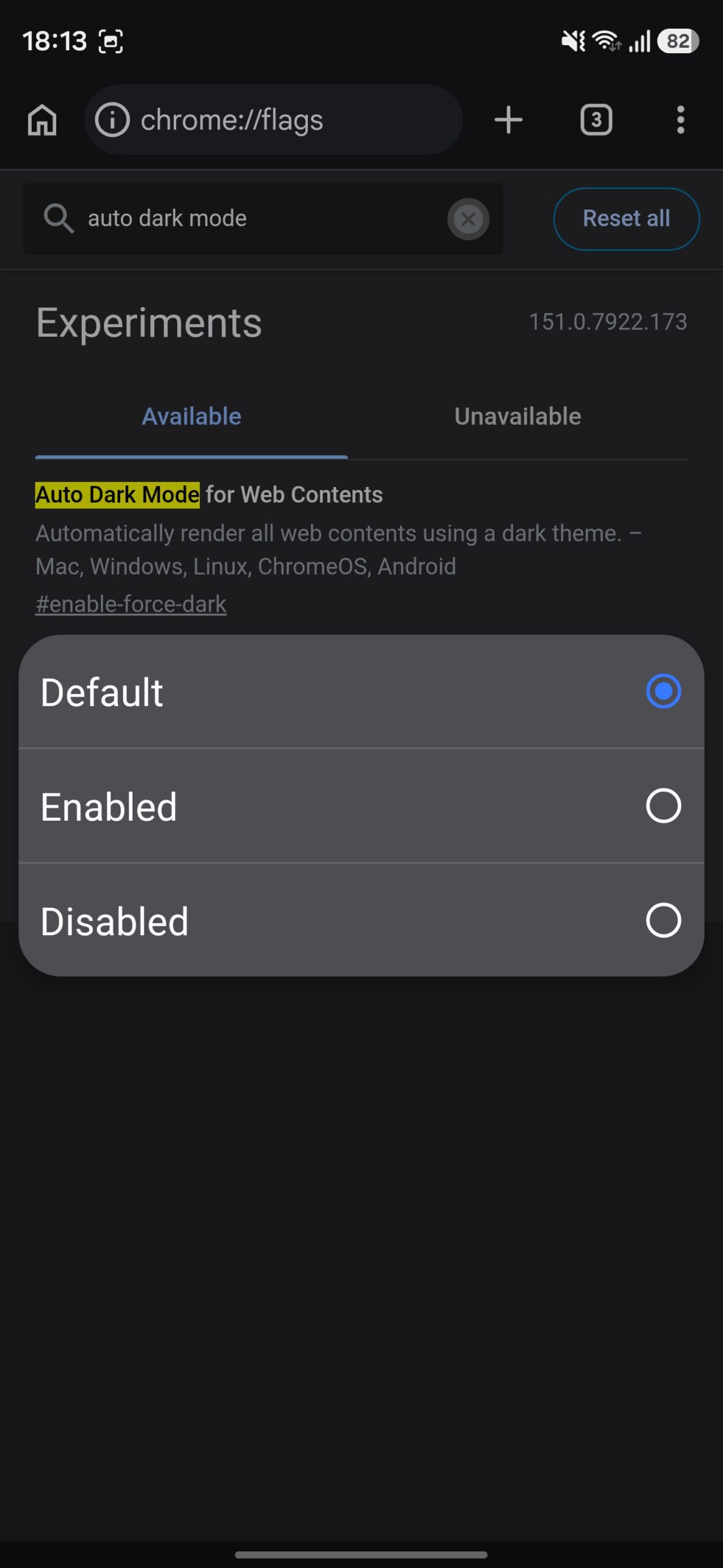 Default setting for the Auto Dark Mode for Web Contents flag.