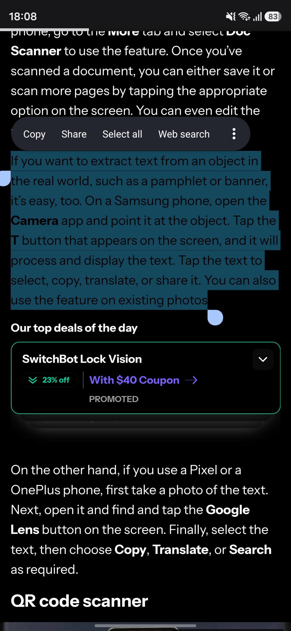 Selecting a text snippet on a webpage for sharing.