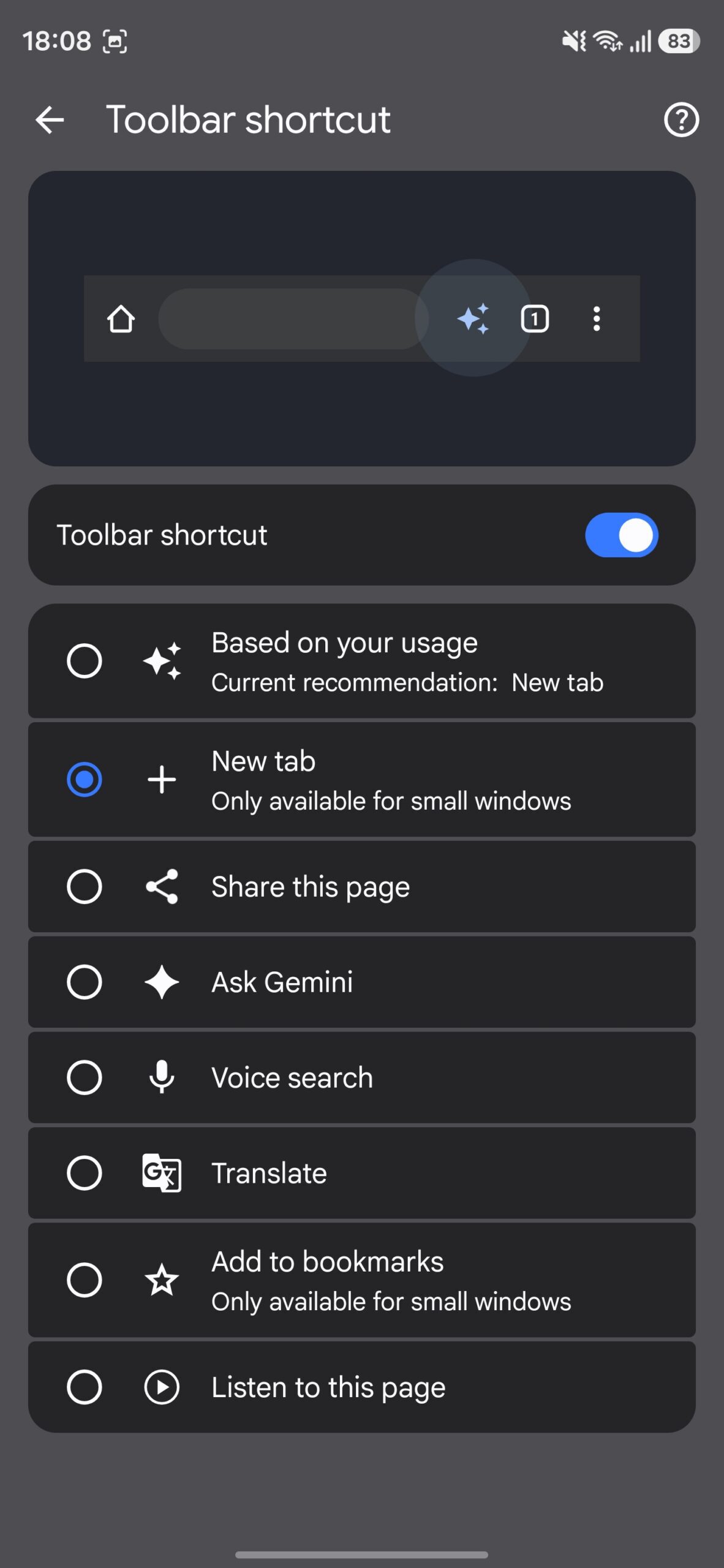 New tab option selected as Chrome's toolbar shortcut.