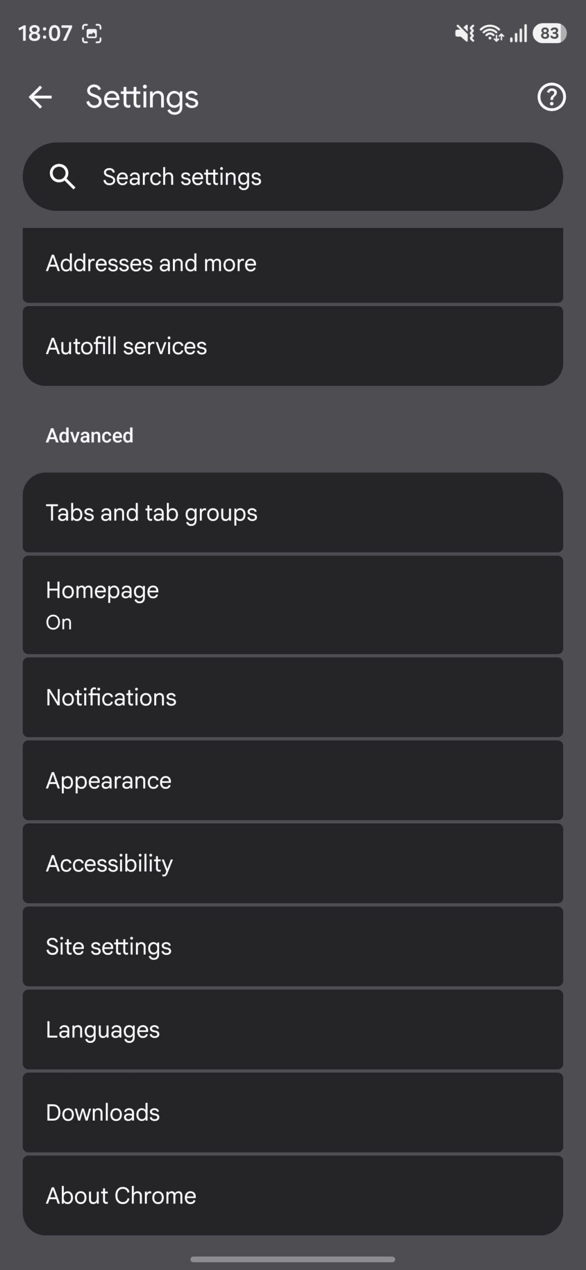 Chrome for Android settings.