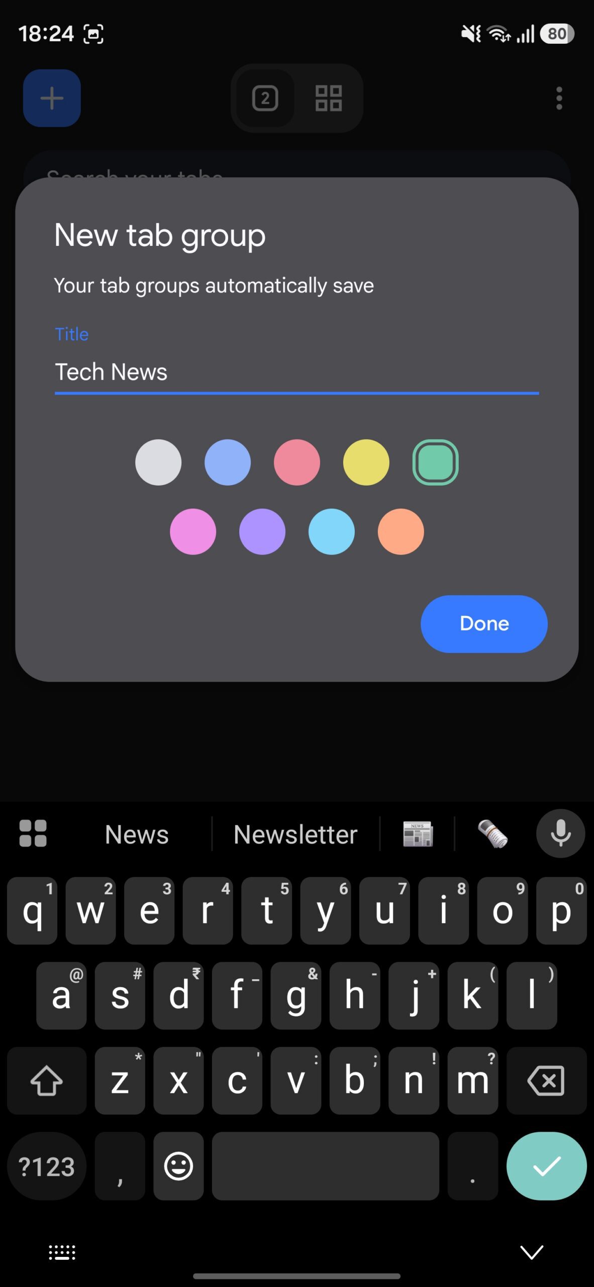 Naming a new Tab Group and picking a color for it.