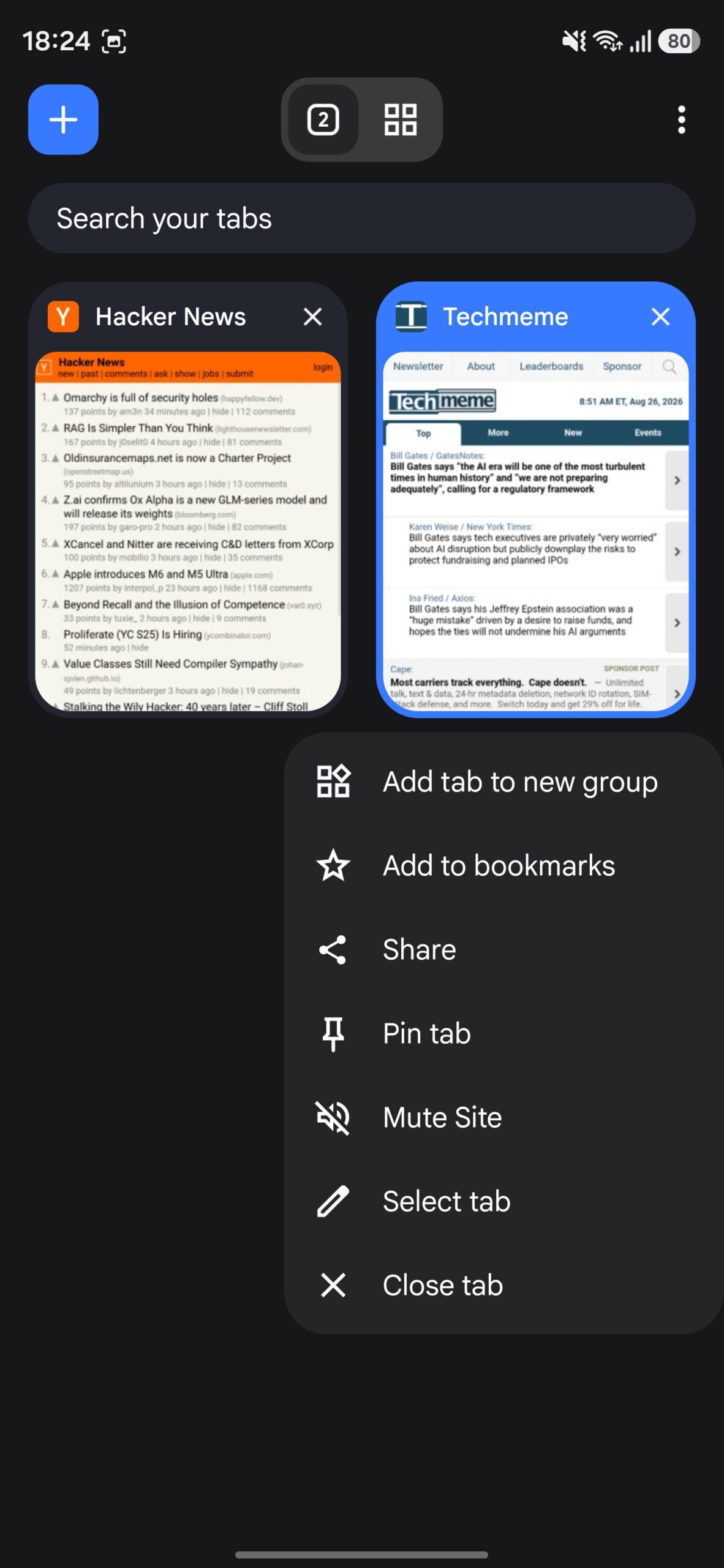 Selecting the Add to new group option in the long-tap menu on a tab in Chrome for Android.