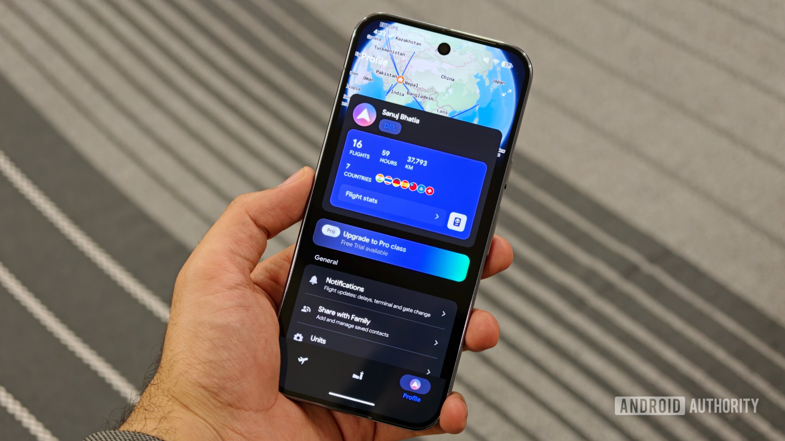 Profile screen showing flight stats, map, and countries visited