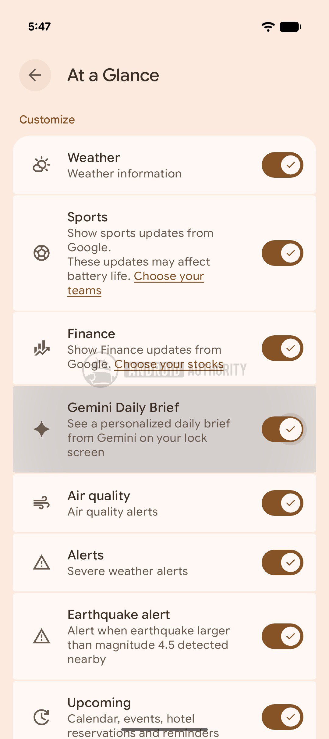 A screenshot showing the Gemini Daily Brief toggle within the At a Glance page.