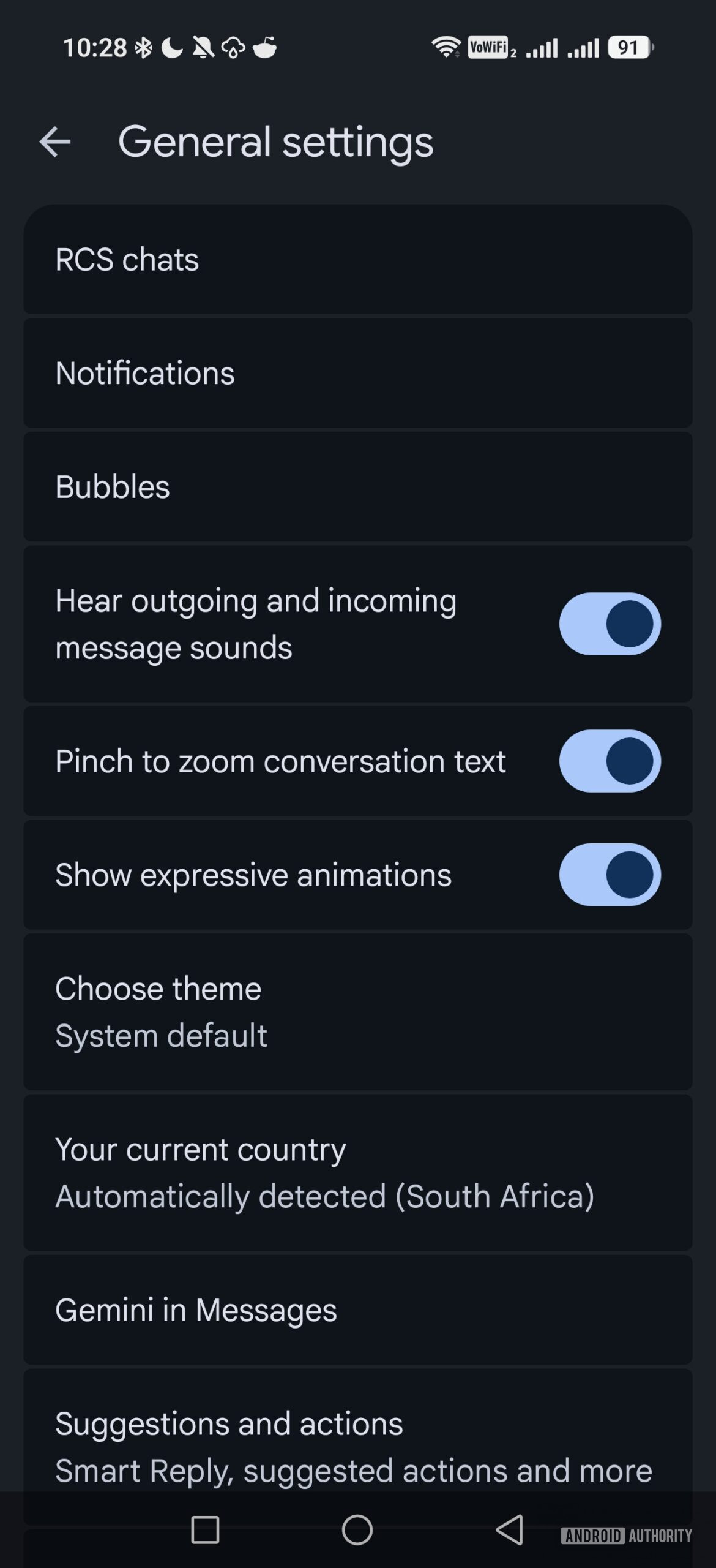 general settings menu in google messages with gemini in messages option
