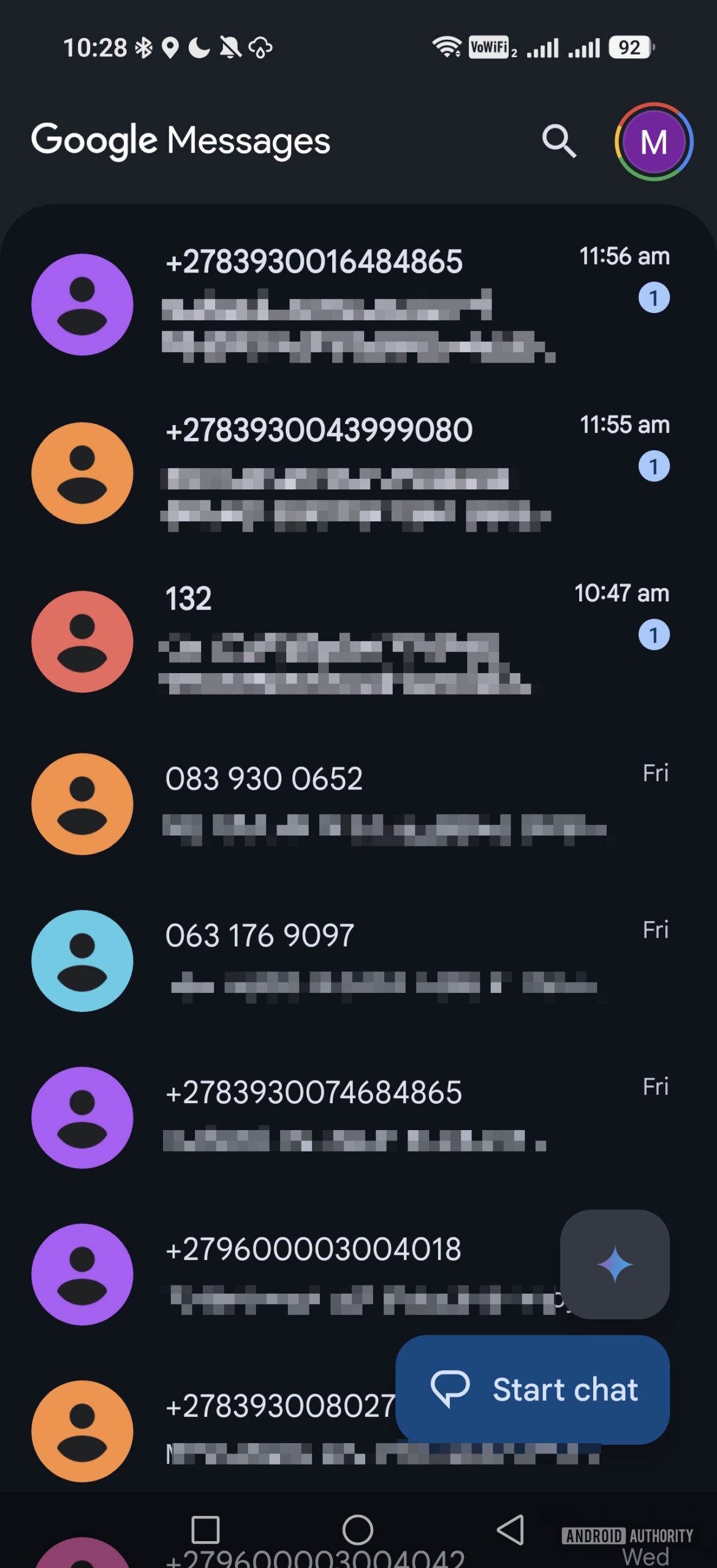 google messages app home screen with gemini button