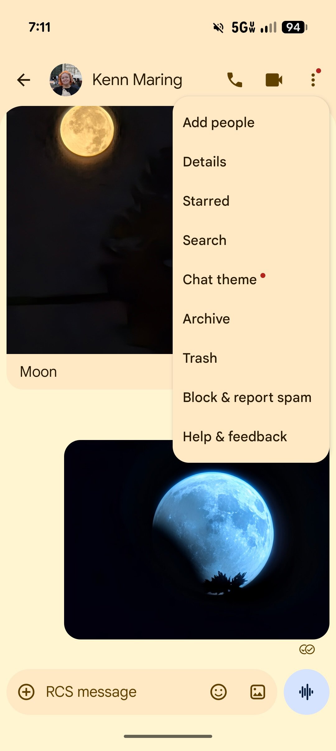 Setting custom chat themes in Google Messages.
