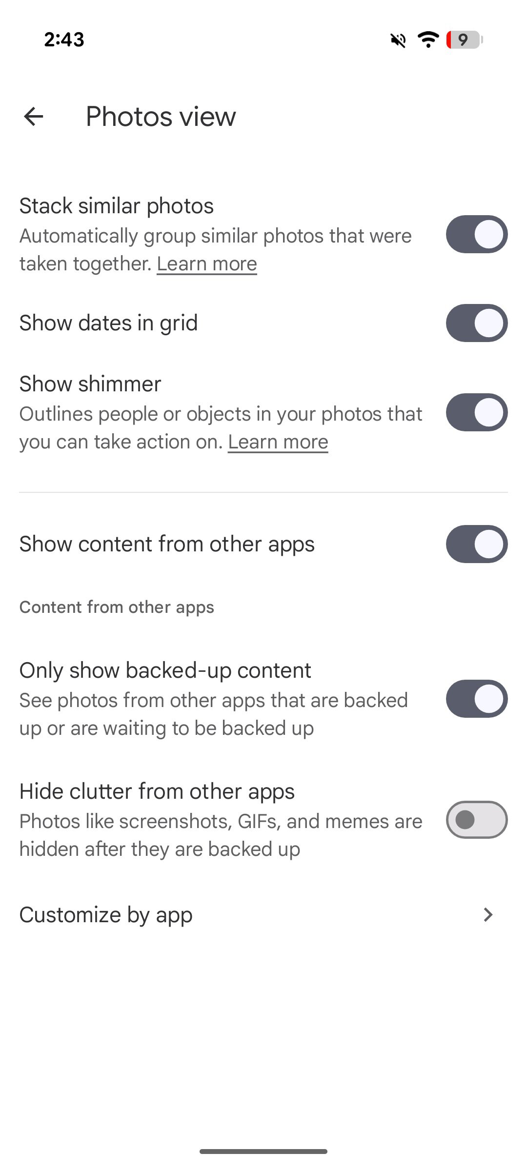 Screenshot showing how to enable dates in the grid in Google Photos.