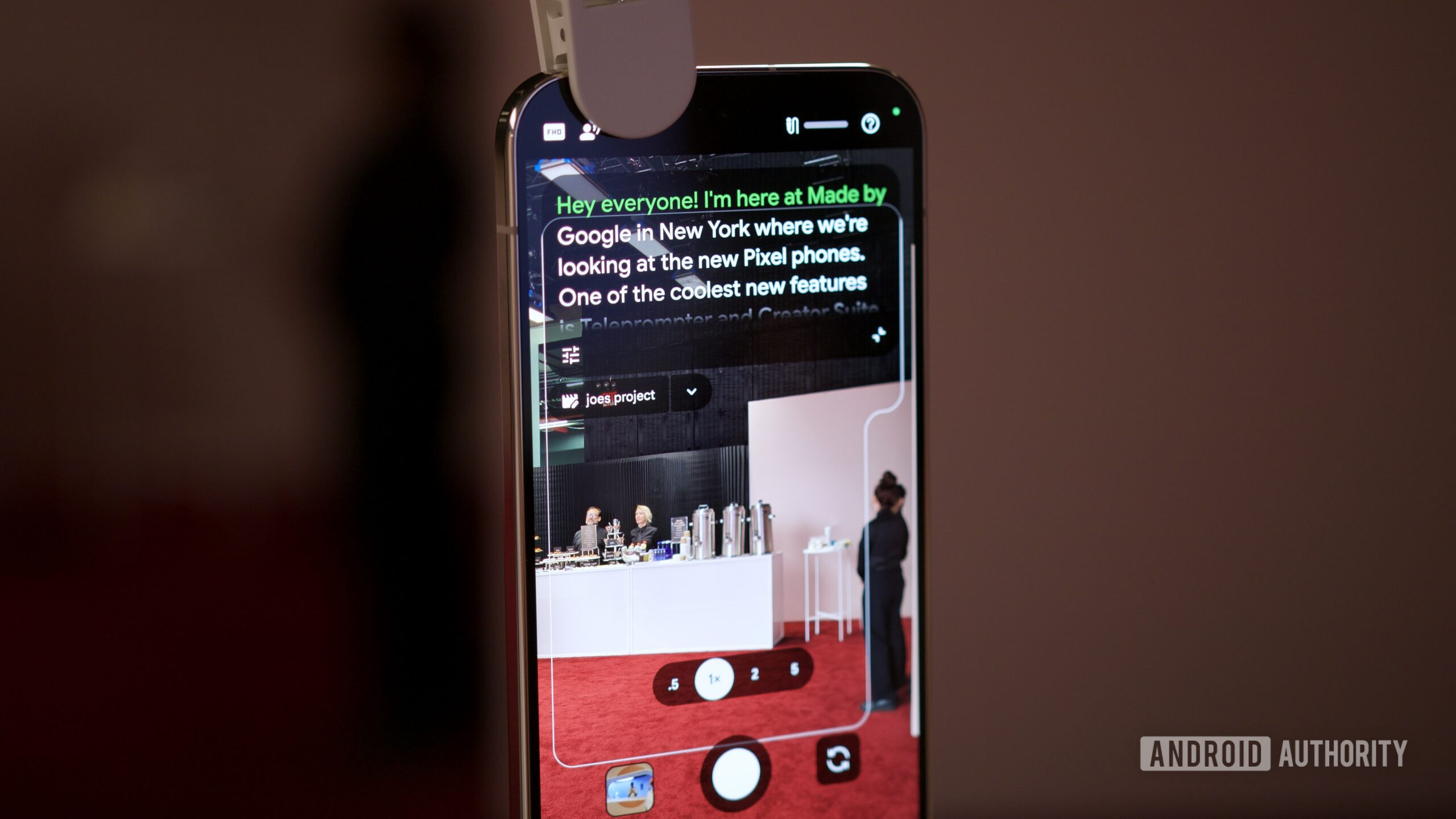Google Pixel 11 Pro running the new Creator Suite feature, showing an on-screen teleprompter.
