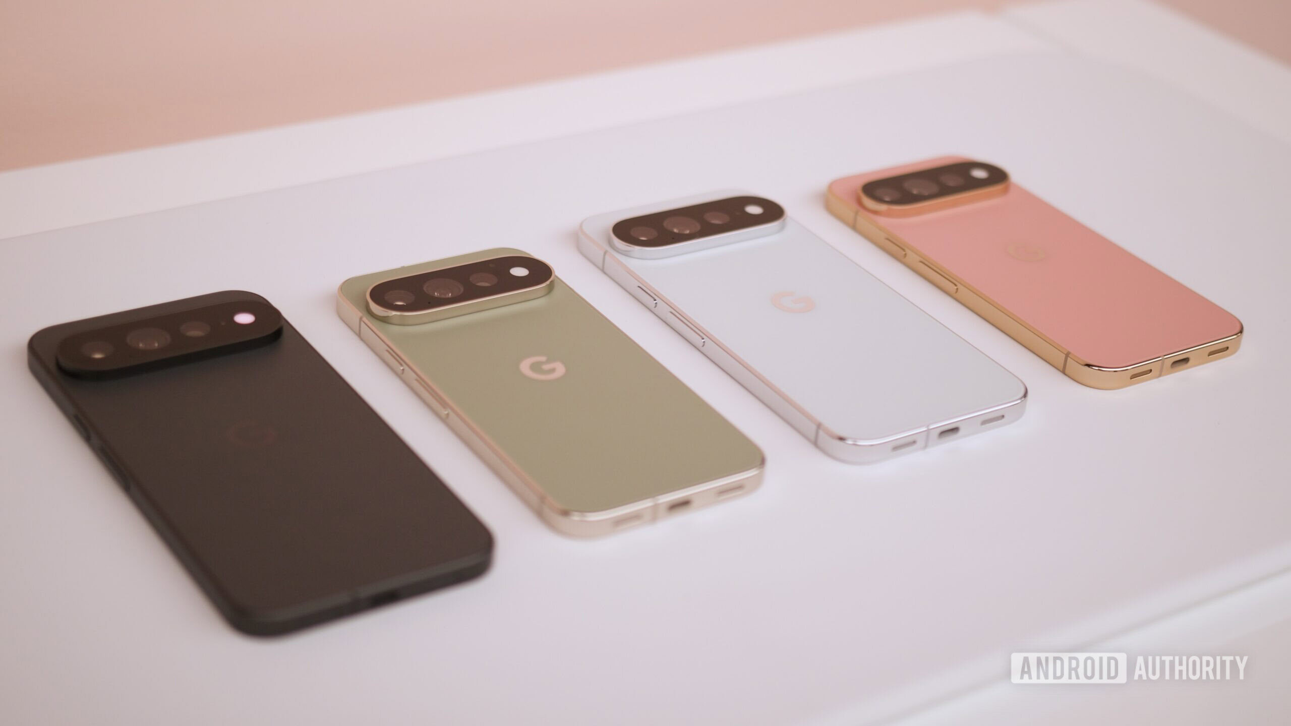 All colors for the Google Pixel 11 Pro and Pixel 11 Pro XL lying next to each other.
