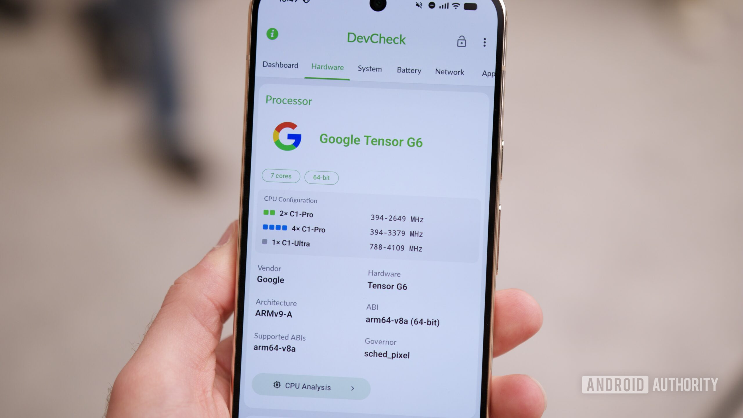 DevCheck app showing Tensor G6 information on the Google Pixel 11 Pro XL.