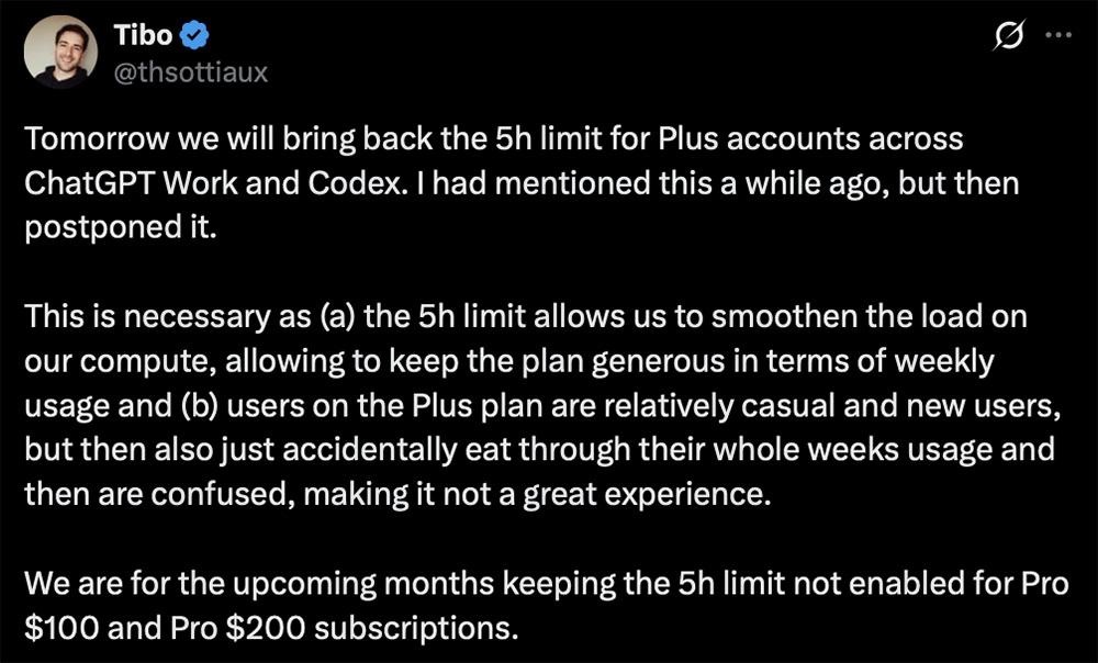 openai five hour usage limit x post