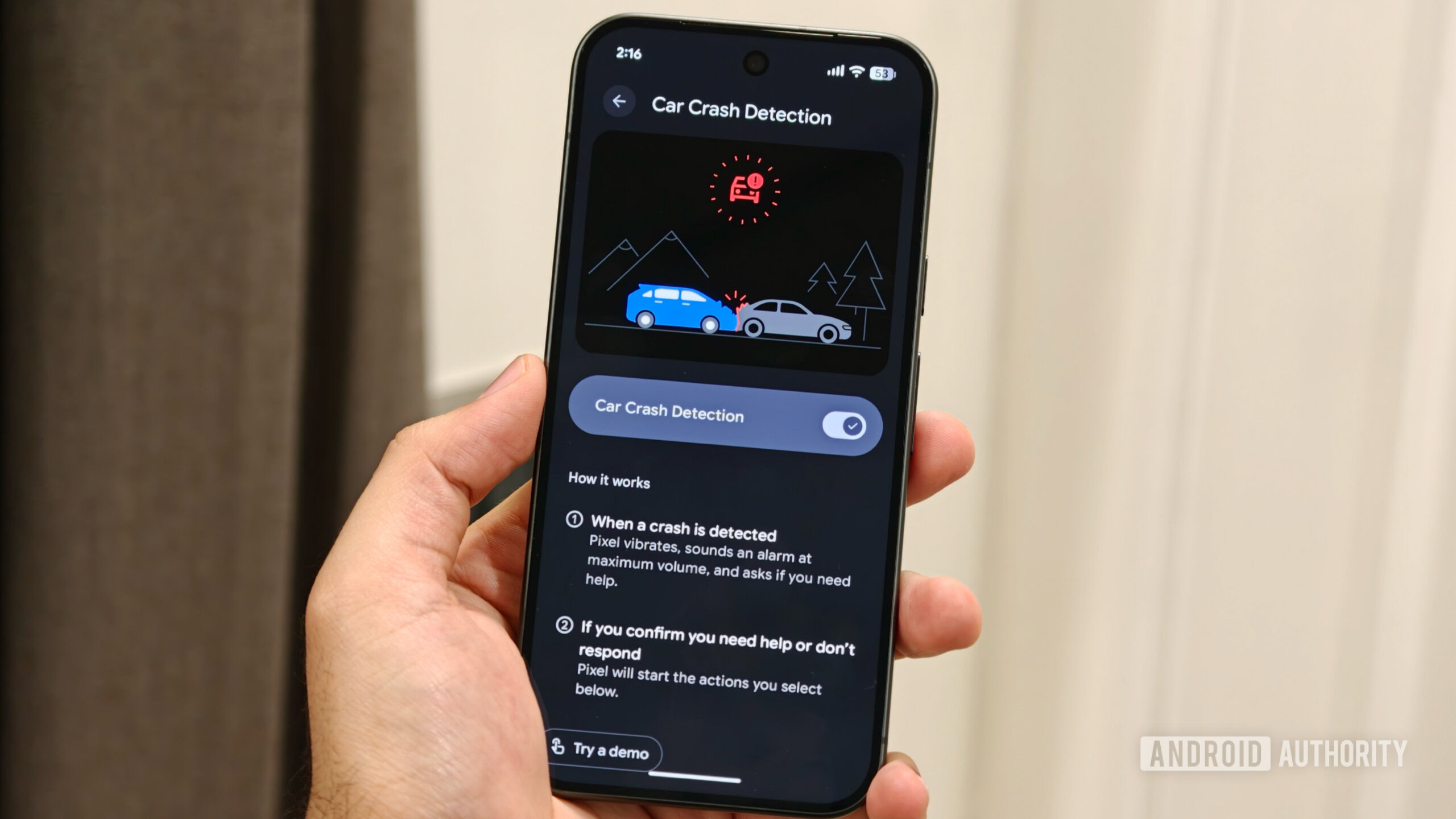 Pixel 11 showing the Car Crash Detection feature setup screen