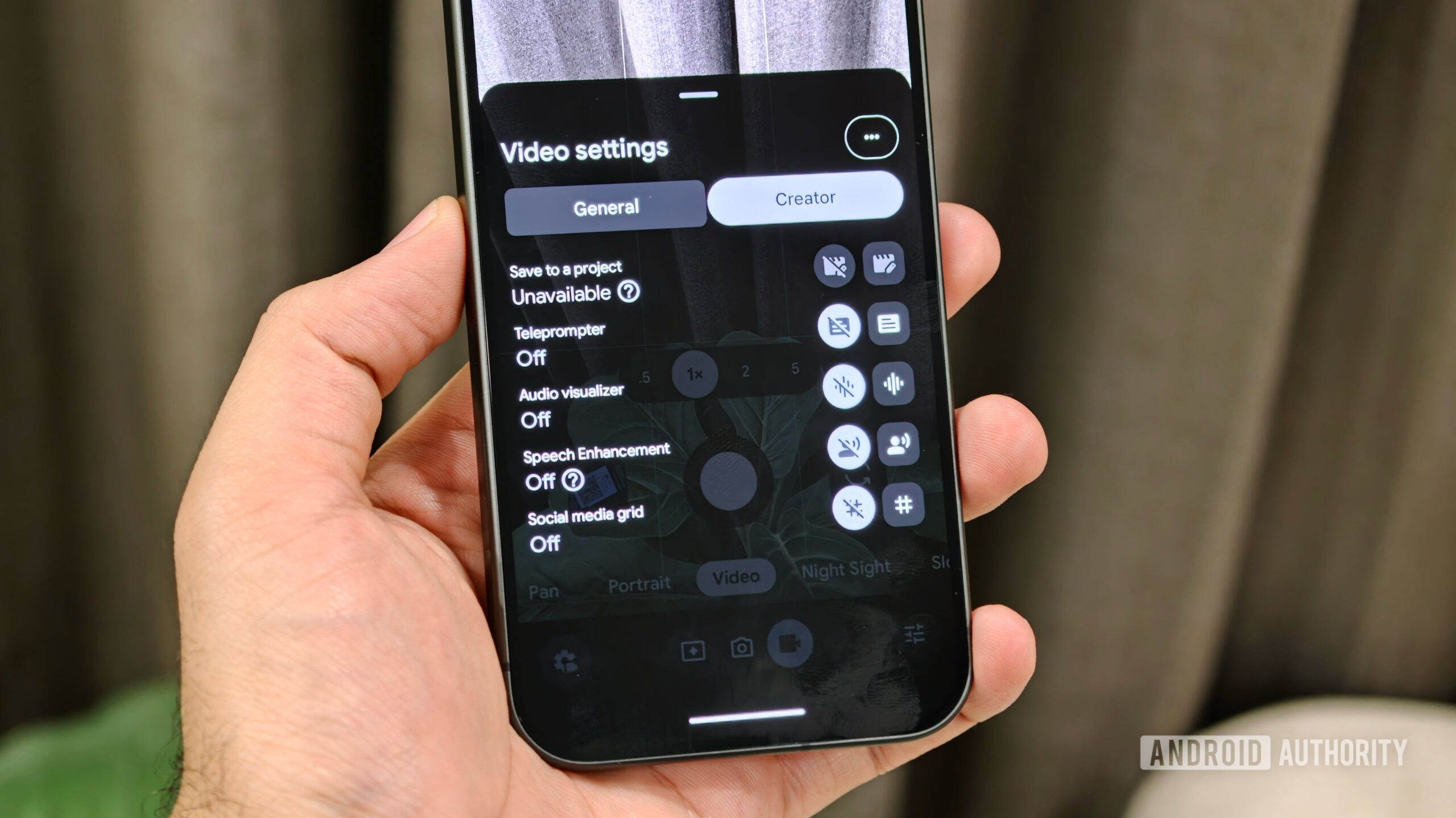 Pixel 11 camera app open on the Creator video settings tab