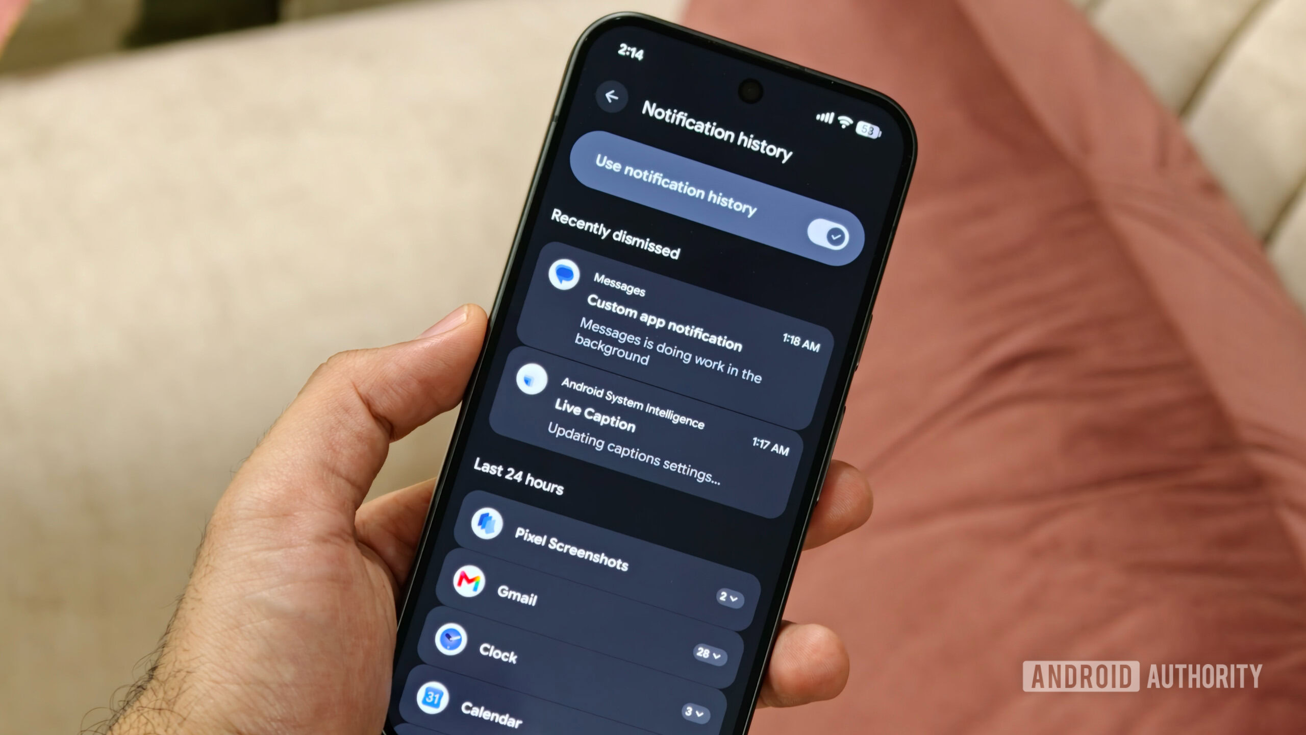 Pixel 11 notification history screen listing recently dismissed alerts